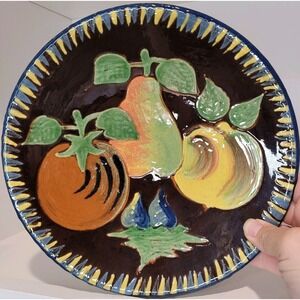 Vintage Italian Studio Pottery Embossed Fruit Plate Dark Glaze Sign‎ Luigiolanta